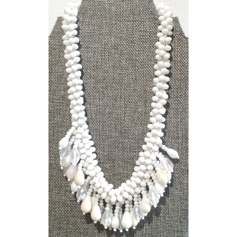 White Beige Faceted Glass Heavy Vintage Statement Necklace
